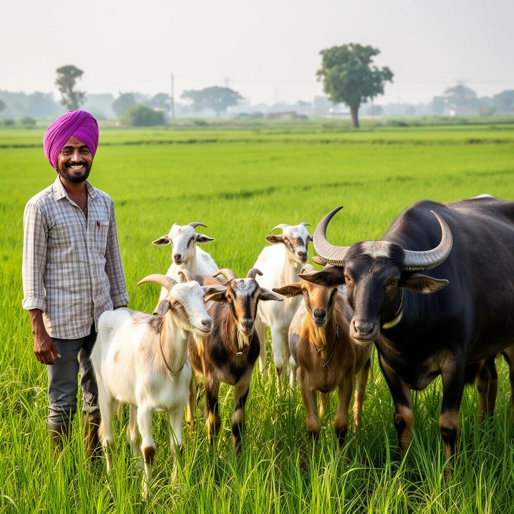 Happy Punjabi farmer with his livestock